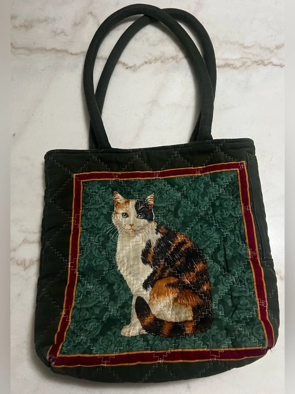 Vintage Hand Quilted Multi Color Open Top Tote Bag Calico And Tabby Cat Fabric